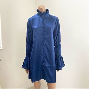 NEW Rich Fashion Mock Neck Long Sleeve Blue Satin Shirt Tunic Mini Dress 8